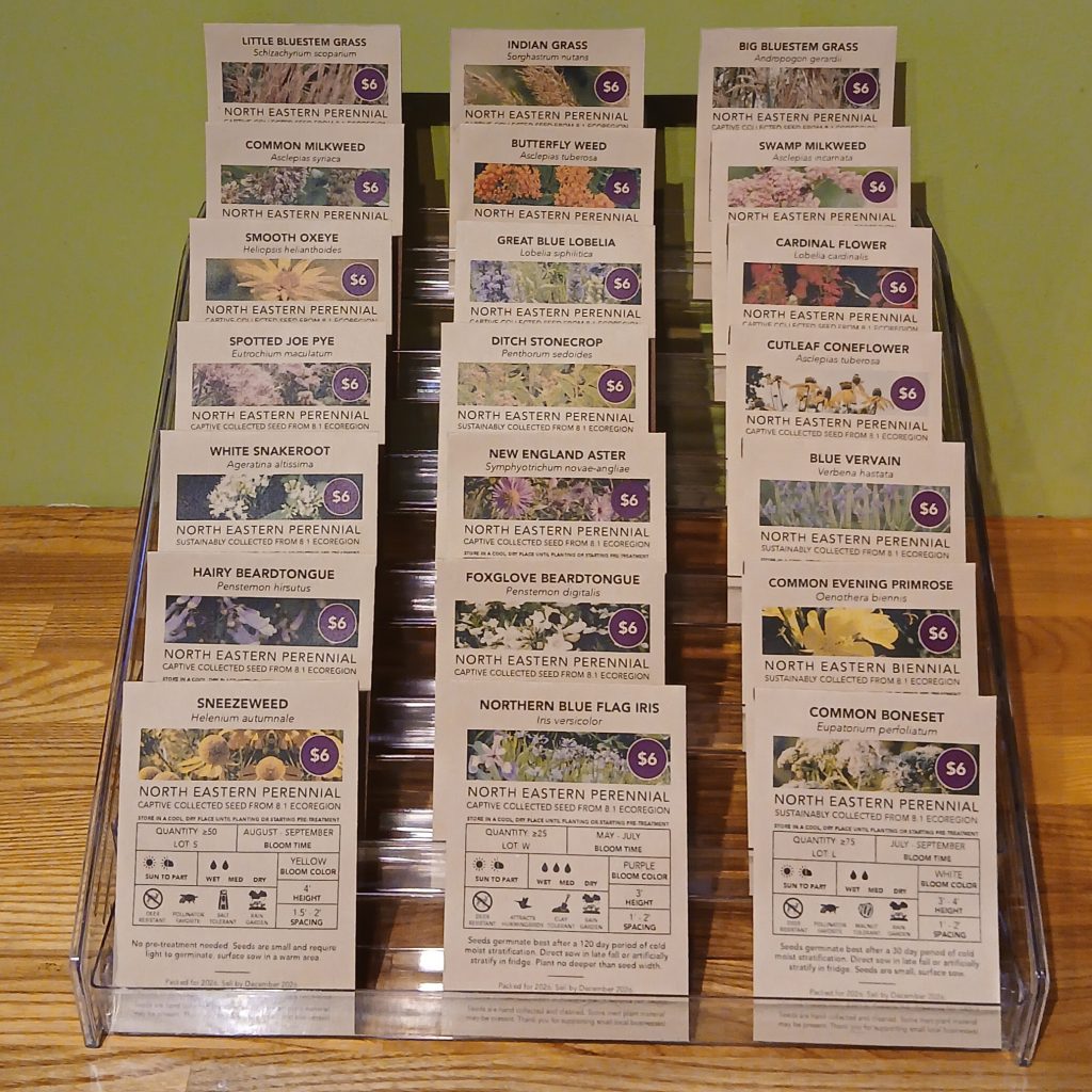 image of native seed packets, aster, lobelia, beardtongue, penstemon, coneflower, milkweed, grass, wildflower, iris, primrose, perennial